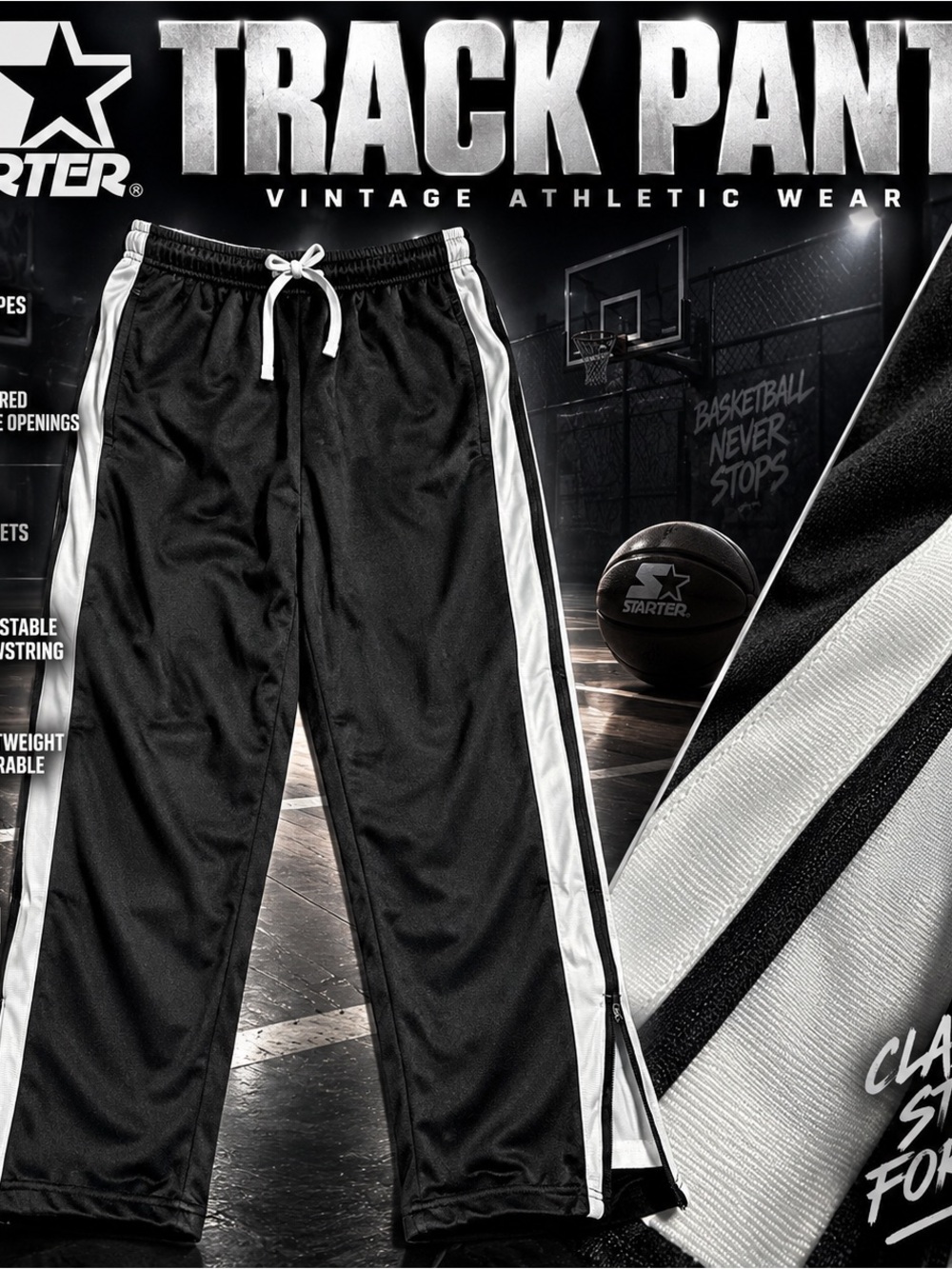 Starter Vintage Track Pants Mens M Black White Side Zip Wide Leg Y2K
